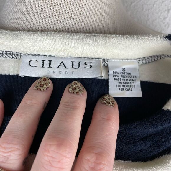 Pre-Owned Chaus Sport Long Sleeve Terry Cloth Navy and White Striped Top Size S - Picture 5 of 5